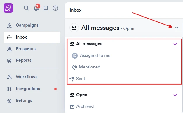 Overloop AI Inbox with the All messages filter expanded, listing the All messages, Assigned to me, Mentioned and Sent views plus the Open and Archived states