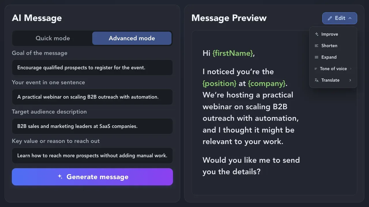 AI Message Generator & Editor for Event Outreach