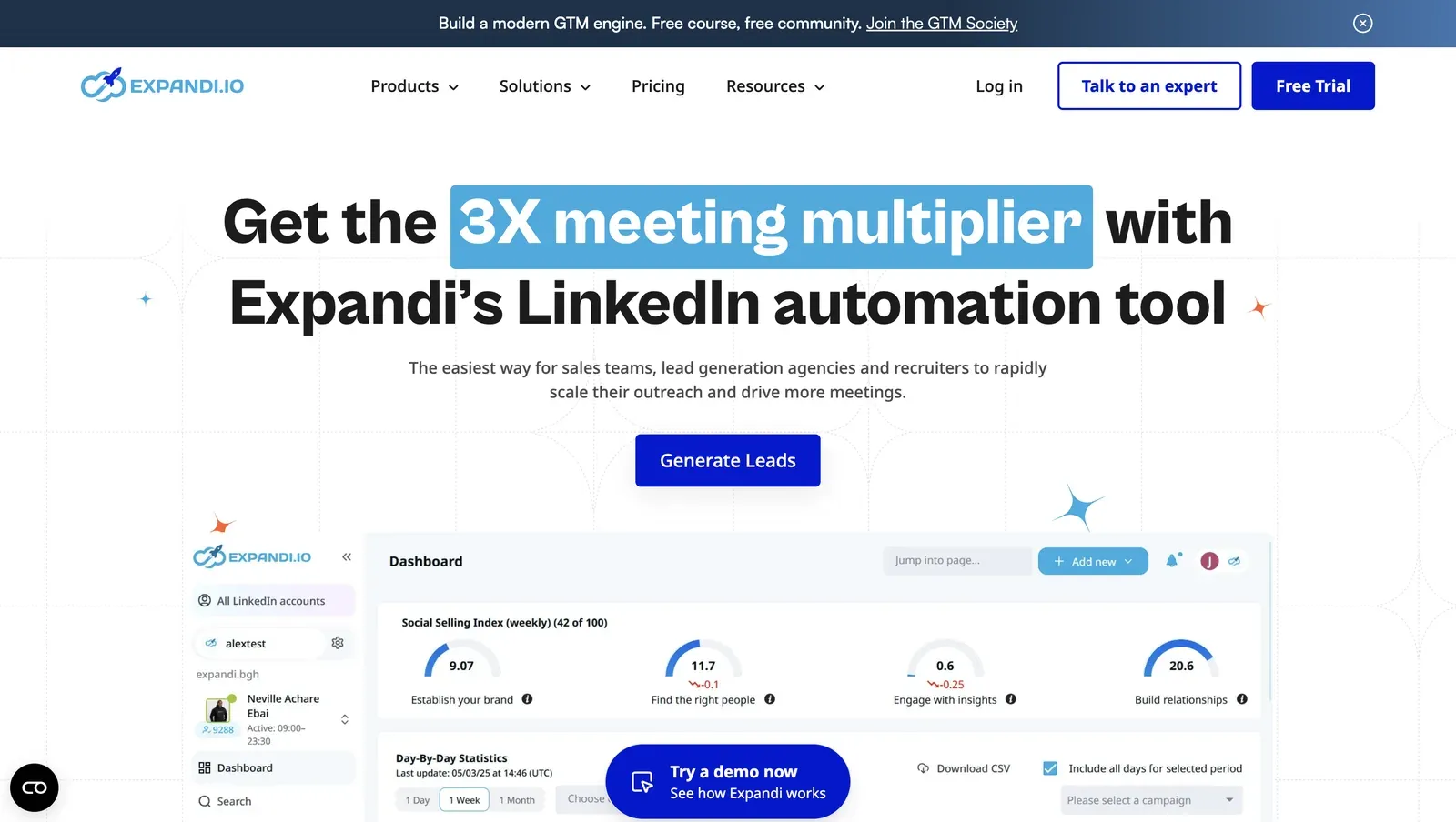 Expandi homepage for cloud LinkedIn and email outreach