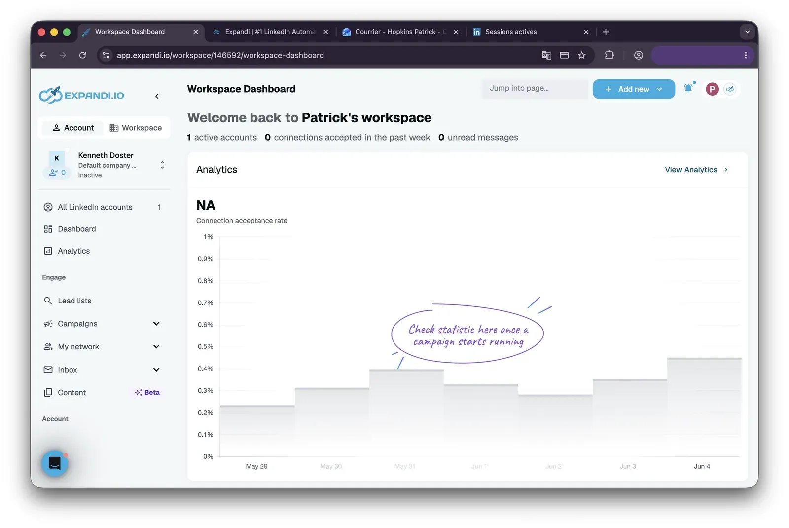 Expandi workspace dashboard - mid-July 2026