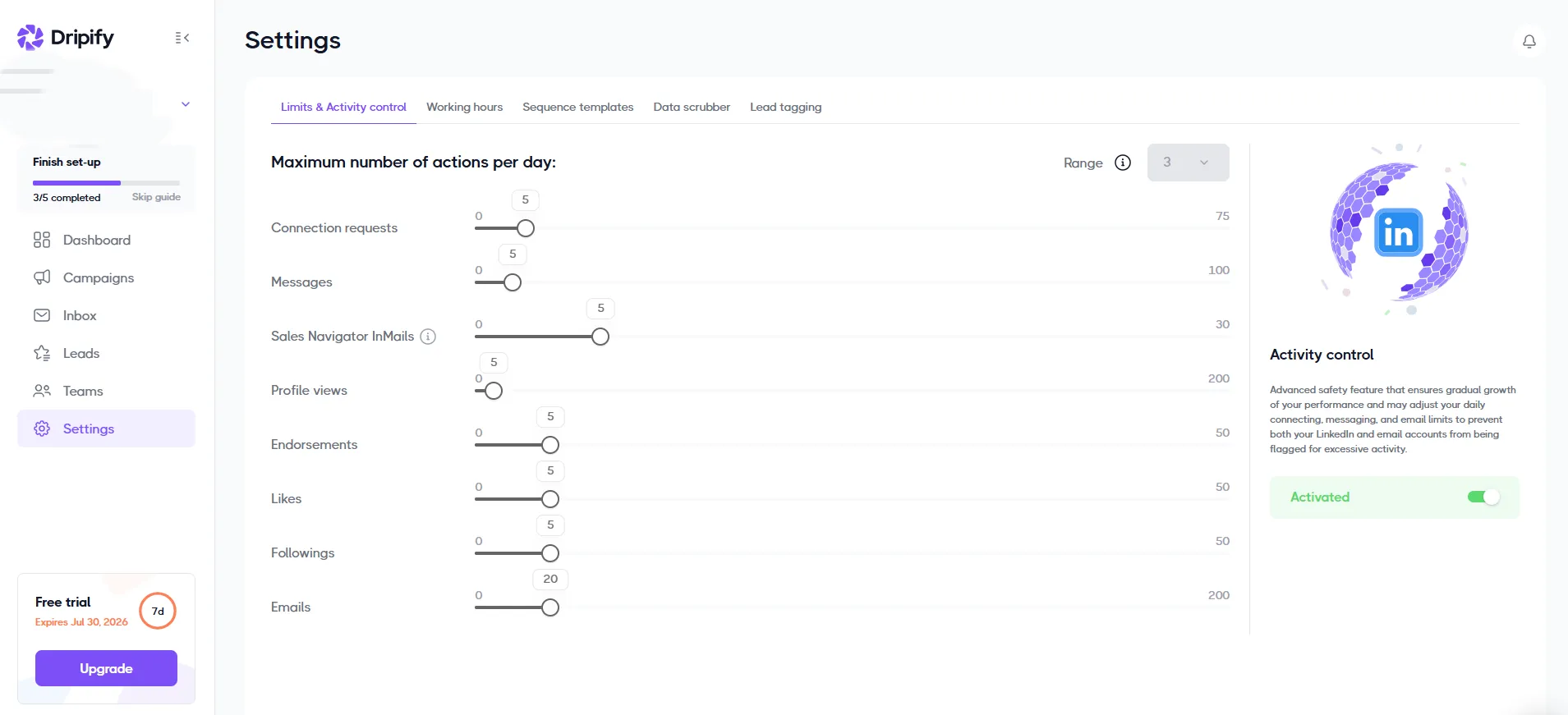 Dripify Activity Control settings with daily caps for connection requests, messages, and other actions