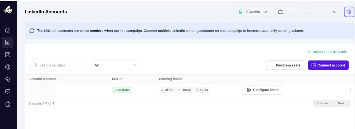 HeyReach LinkedIn accounts dashboard showing sending limits and account controls