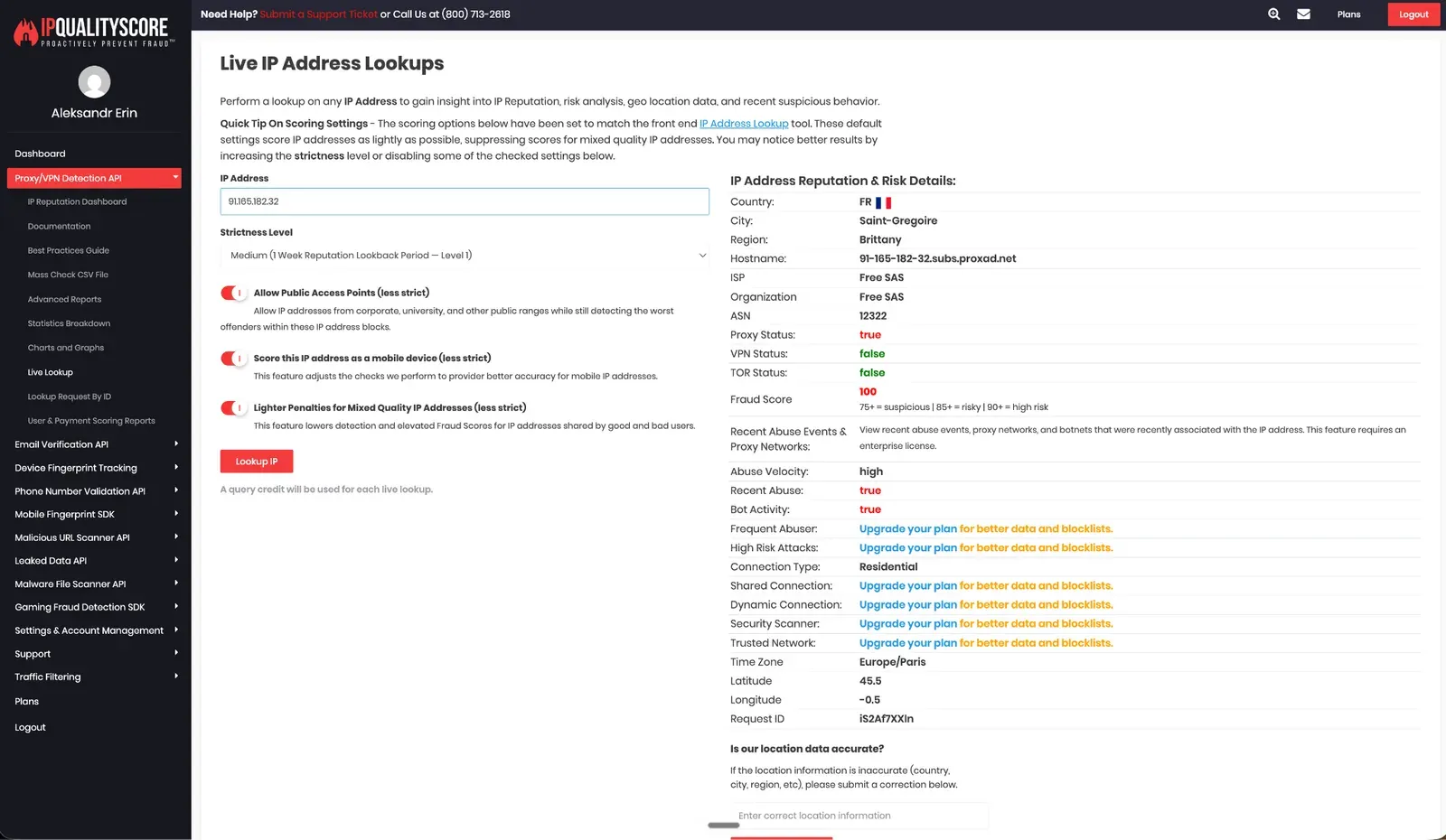 IPQualityScore check for the observed Expandi cloud IP