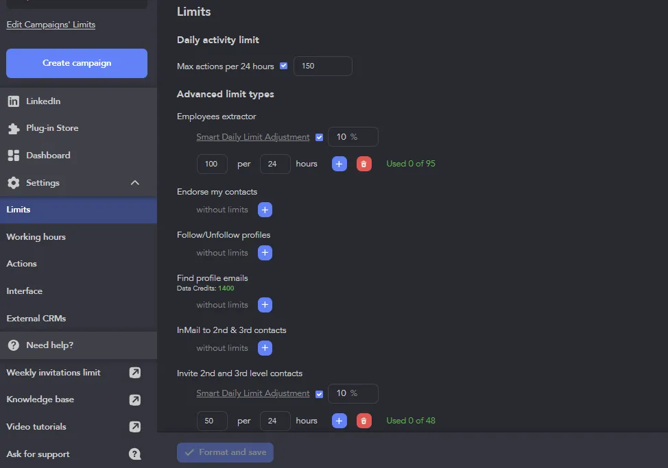 Linked Helper limits settings showing a 150-action daily cap and per-action controls