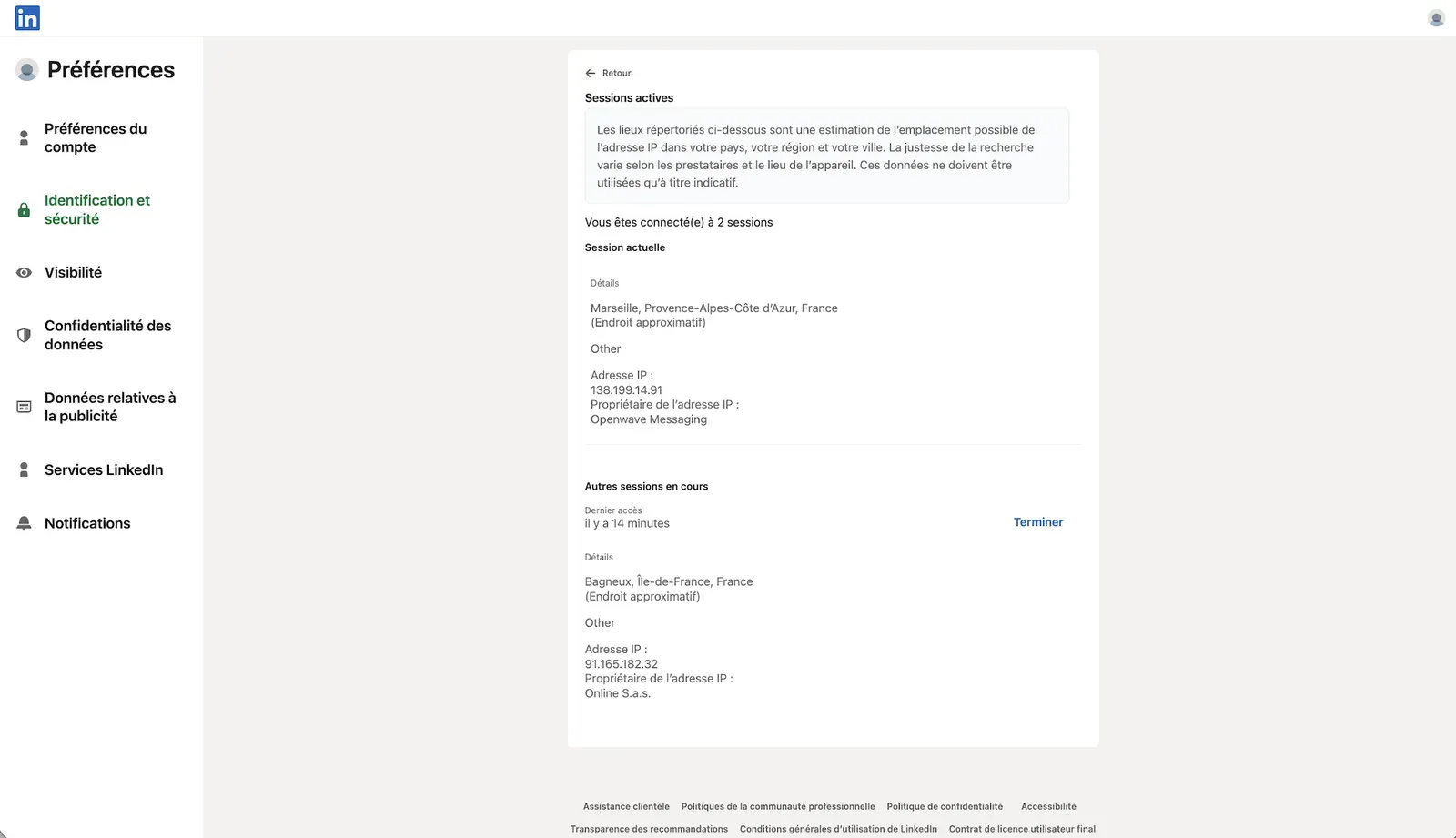 LinkedIn active-sessions view during the Expandi cloud test, showing assigned session IP 91.165.182.32