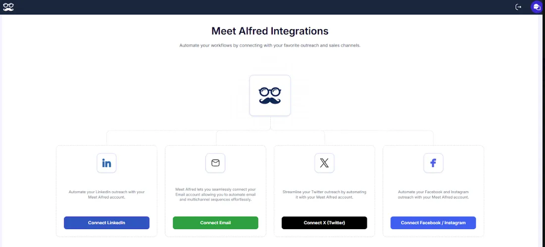 Meet Alfred integrations screen for LinkedIn, email, X, and Facebook or Instagram