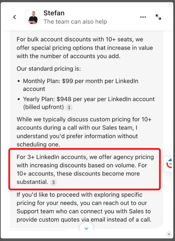 Mensagem do apoio ao cliente da Expandi que explica os preços mensais, anuais e por volume