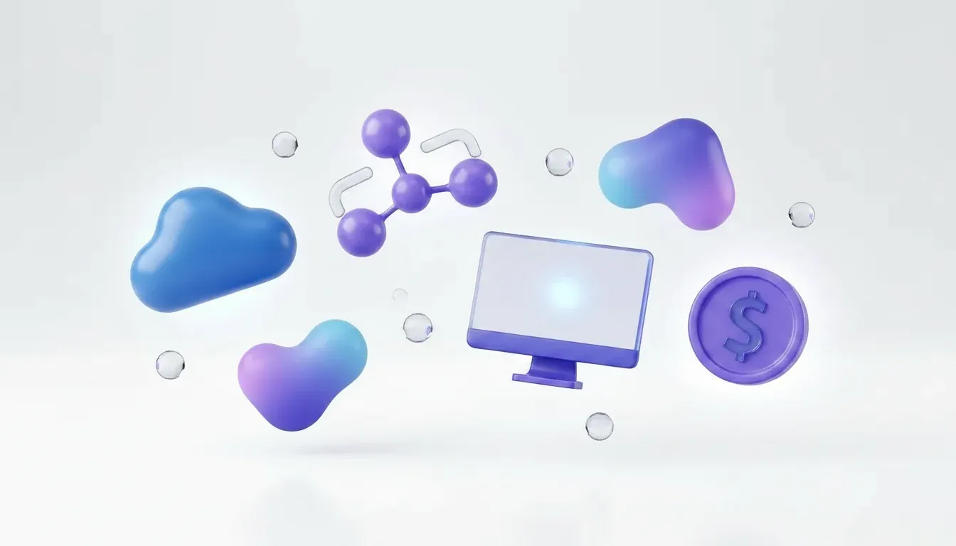 Wordless illustration of a cloud workflow, desktop monitor, branching nodes, and pricing token