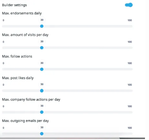 Definições do Builder da Expandi com limites diários para recomendações de competências, visitas, perfis seguidos, reações com «Gosto» e emails