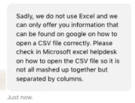 Resposta do apoio ao cliente da Expandi que explica como separar os dados CSV em colunas