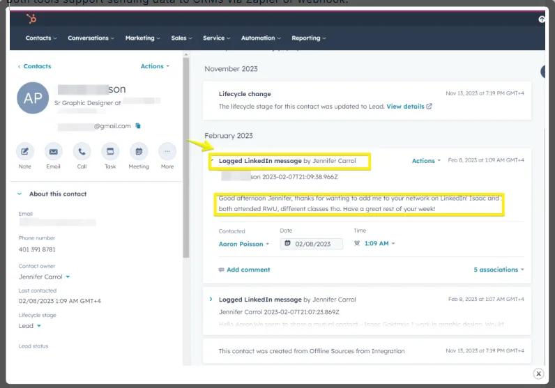 Cronologia de um contacto no HubSpot com uma mensagem do LinkedIn registada por uma integração