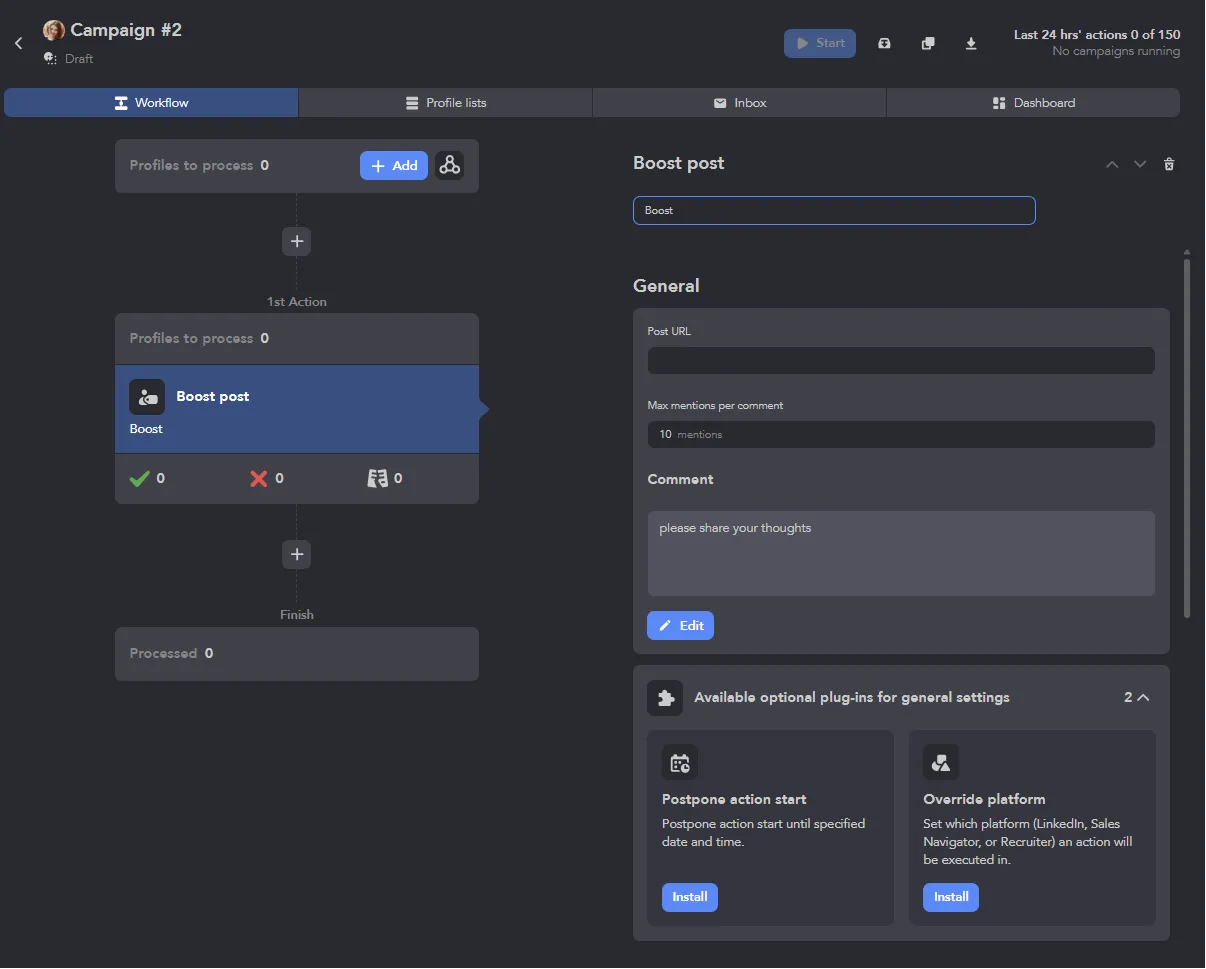 Editor da ação «Boost post» da Linked Helper com o URL da publicação, limite de menções e texto do comentário