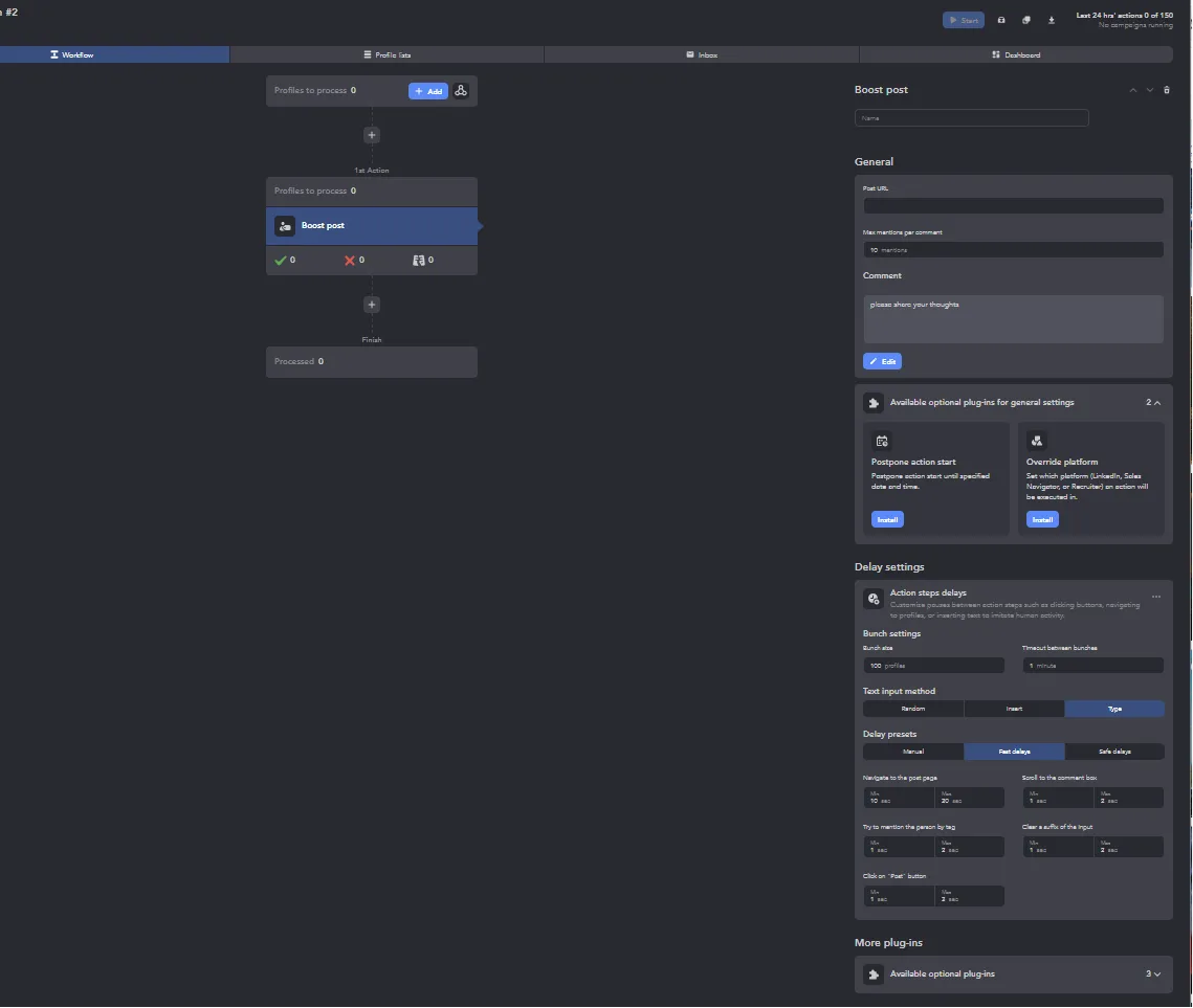 Fluxo de trabalho «Boost post» da Linked Helper com configuração de comentários e plugins opcionais