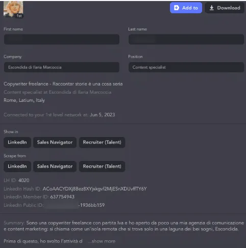 Ficha de lead do CRM da Linked Helper com dados do perfil em várias plataformas e um resumo