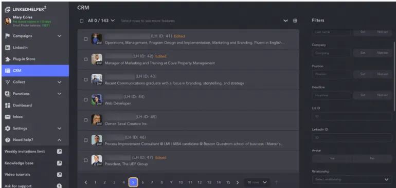 Lista de leads do CRM da Linked Helper com contactos das campanhas e filtros de perfil