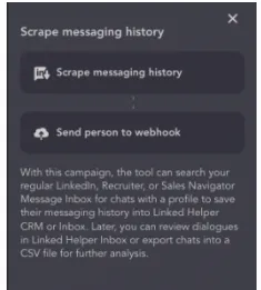 Ações da Linked Helper para recolher o histórico de mensagens ou enviar uma pessoa para um webhook