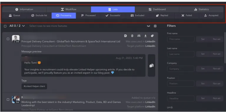 Separadores da Linked Helper para leads em processamento, bem-sucedidos, excluídos, com resposta, falhados e aceites
