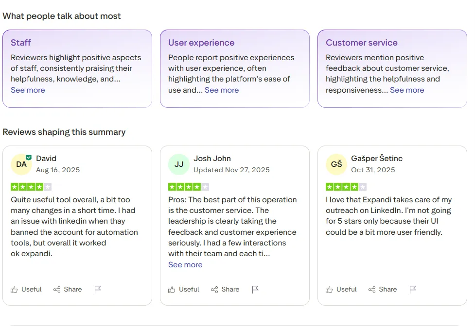 Resumo do Trustpilot sobre os temas das avaliações da Expandi