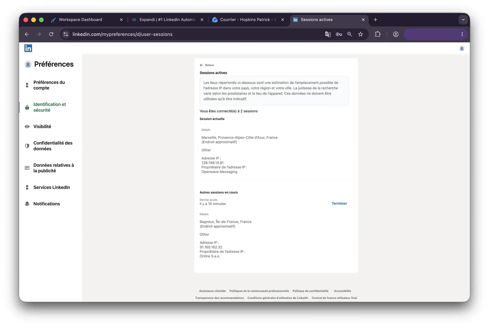 Sessões ativas do LinkedIn com as localizações do endereço IP local e do endereço IP do centro de dados da Expandi durante os testes
