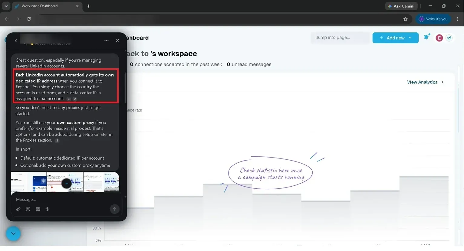 Chat con el soporte de Expandi en el que se describe una IP de centro de datos dedicada por cuenta y un proxy personalizado opcional