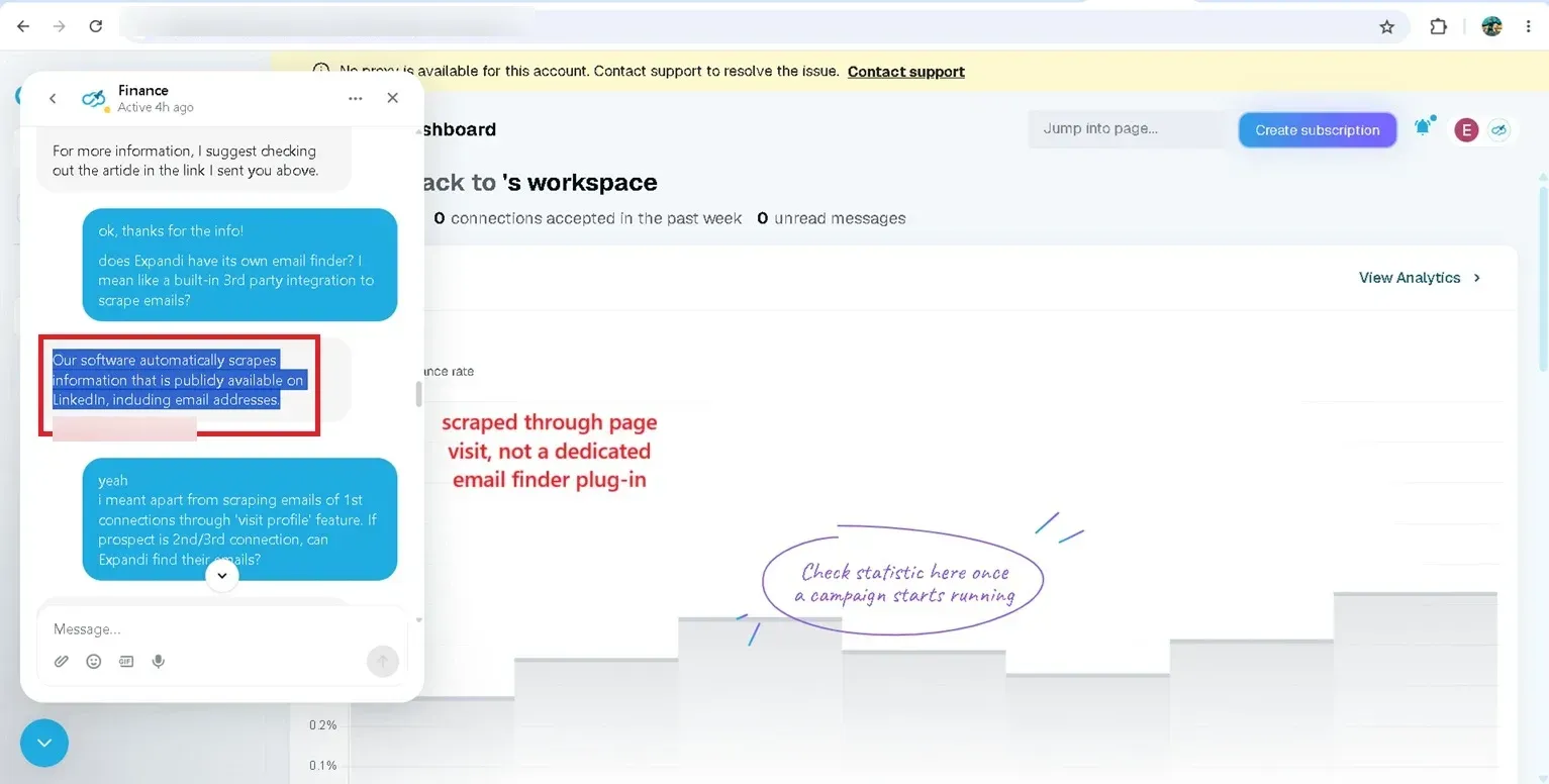 Chat con el soporte de Expandi en el que se responde que su software extrae información pública de LinkedIn, incluidas las direcciones de correo electrónico