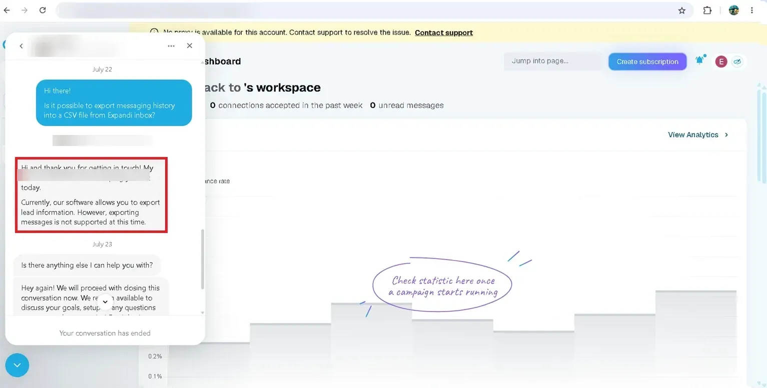 Chat con el soporte de Expandi en el que se responde que no se admite la exportación de mensajes