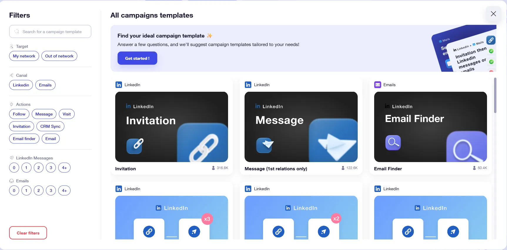 Waalaxy campaign template library with LinkedIn, email, and CRM filters