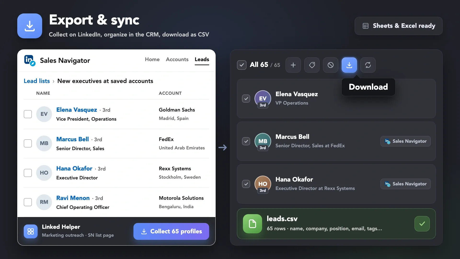 Export and sync: profiles collected from a Sales Navigator lead list and downloaded from Linked Helper as a CSV file