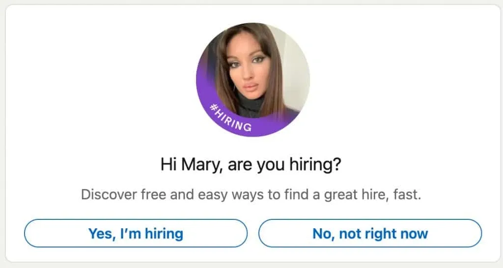 Signification du badge « Hiring » sur LinkedIn (capture d’écran).