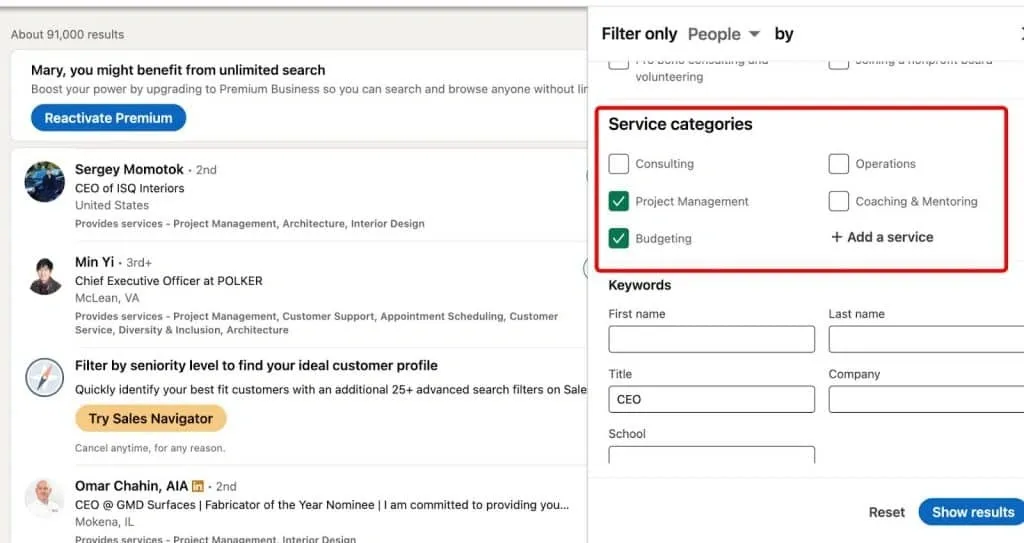 Filtre des catégories de services LinkedIn (capture d’écran)