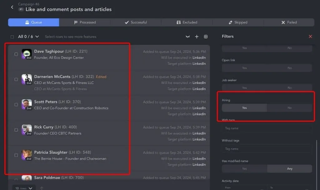 Filtre du badge « Hiring » sur LinkedIn dans Linked Helper (capture d’écran)