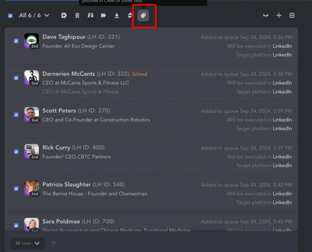 Filtre du badge « Hiring » sur LinkedIn dans Linked Helper (capture d’écran de l’ajout d’étiquettes)