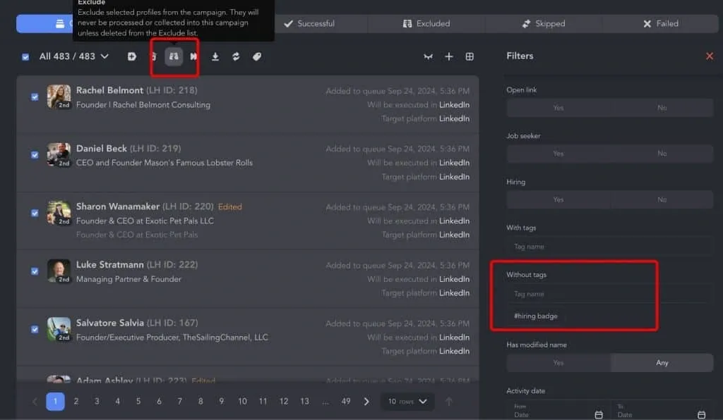 Filtre du badge « Hiring » sur LinkedIn dans Linked Helper (capture d’écran du nettoyage de la file d’attente)
