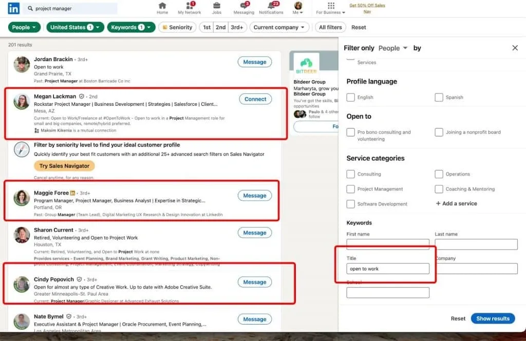 Screenshot of Open to Work results in basic LinkedIn.