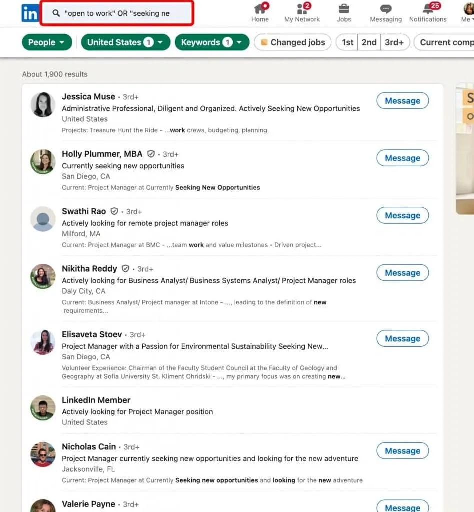 Screenshot of Open to Work results in basic LinkedIn with search.