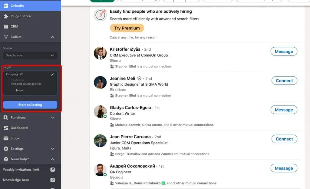 start collecting profiles linkedin