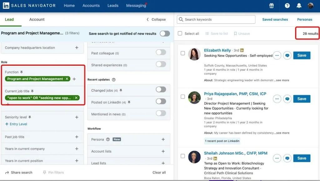 Screenshot of Open to Work results in Sales Navigator by Boolean search.