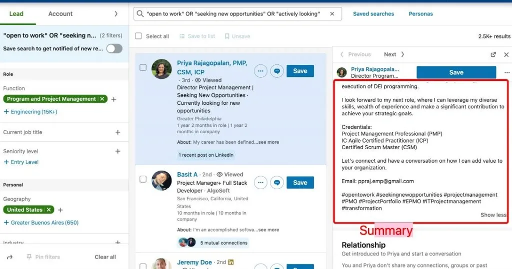 Screenshot of Open to Work results in Sales Navigator by summary.