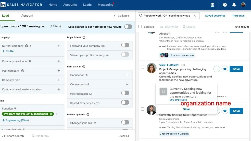 Screenshot of Open to Work results in Sales Navigator for job seekers.