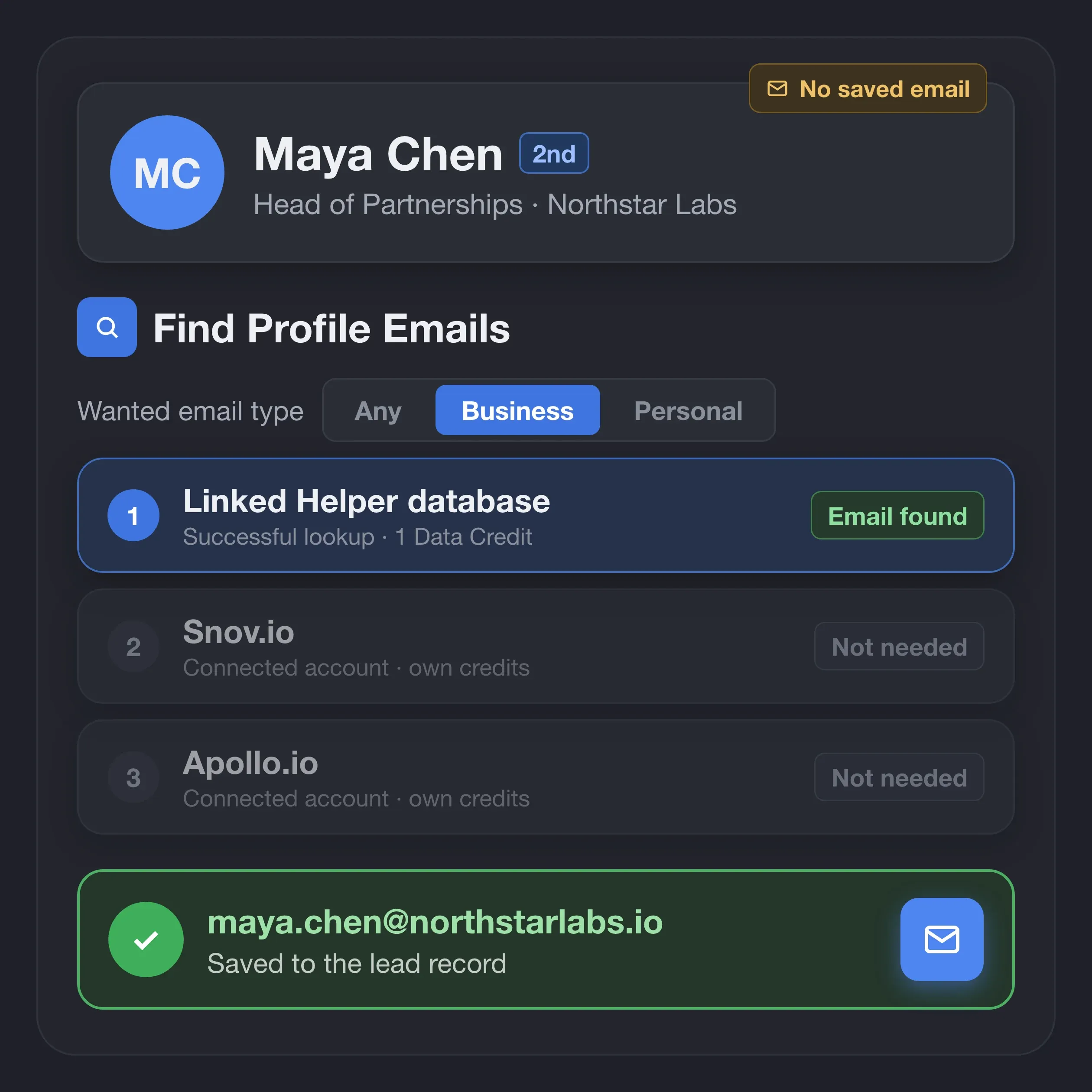 Find Profile Emails checks the Linked Helper database, Snov.io, and Apollo.io in order and saves the found email to the lead record