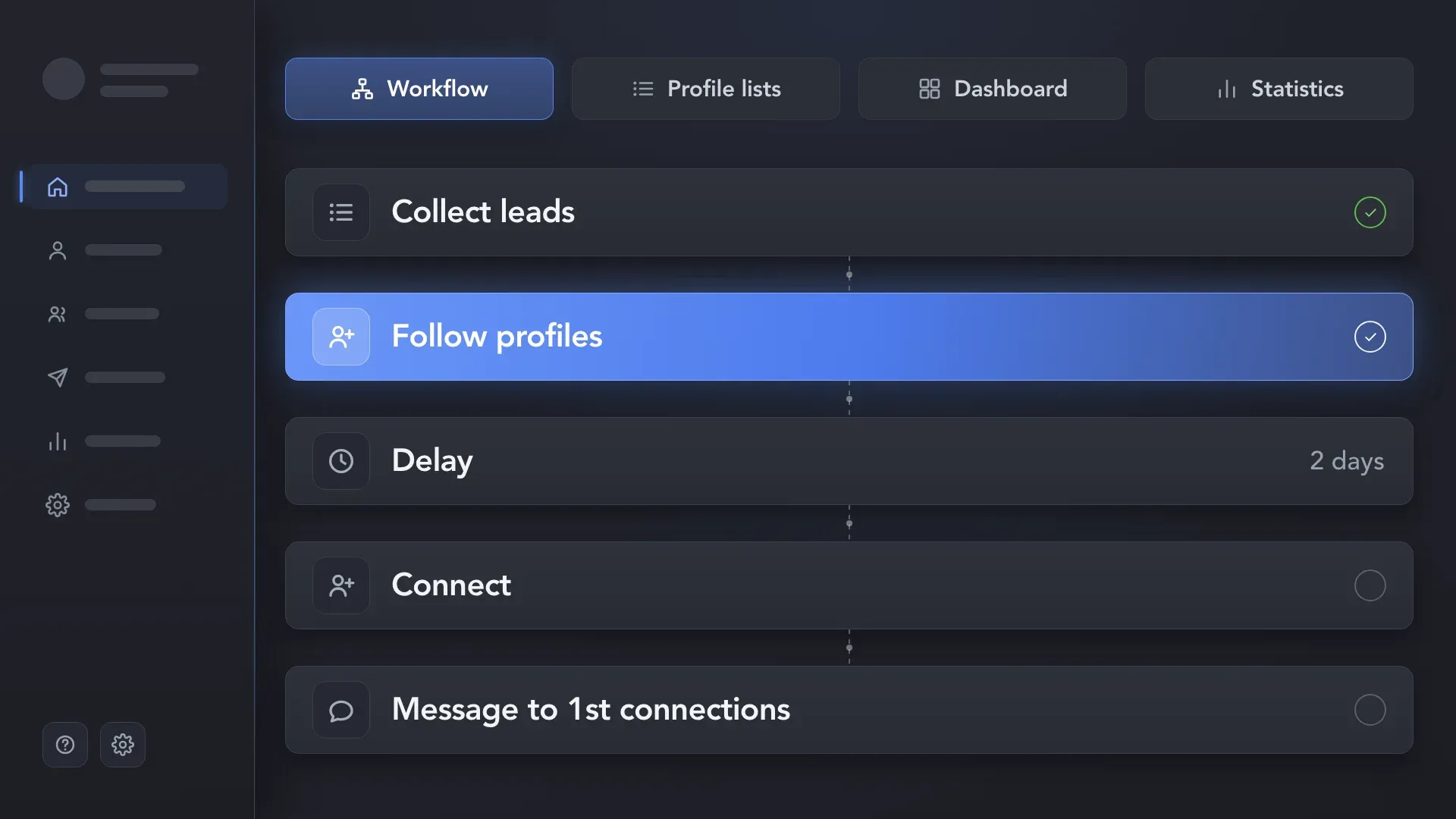 Linked Helper workflow with Follow Profiles before delay, connection invite, and message steps, showing Follow as a pre-outreach touchpoint.