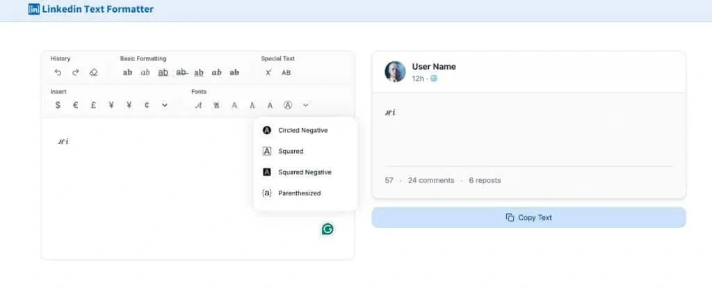 Captura de pantalla de LinkedIn Formatter que muestra las opciones disponibles para dar formato al texto.