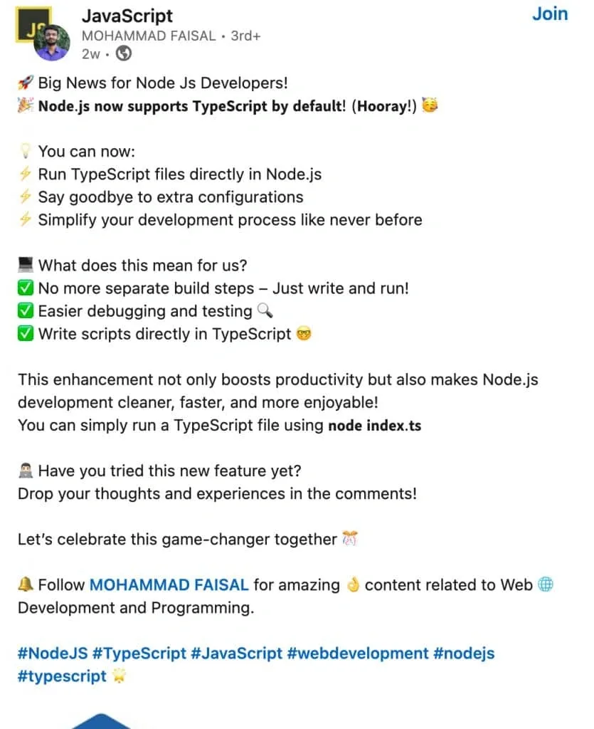 Imagen que muestra el uso de distintos emojis en listas y estilos de letra en una publicación de LinkedIn.