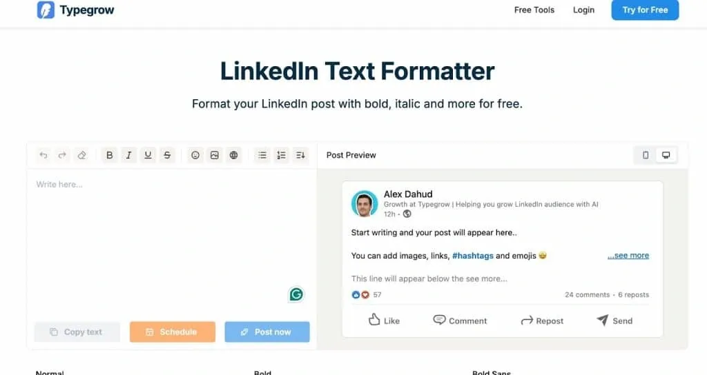Imagen de la herramienta TypeGrow con una vista previa de publicaciones de LinkedIn para dispositivos móviles y ordenadores.