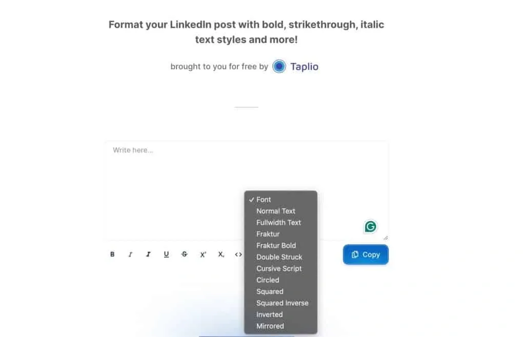 Imagen de la herramienta Taplio, en la que están disponibles distintas fuentes y opciones de formato para publicaciones de LinkedIn.