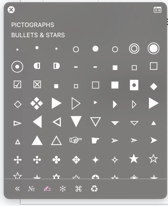 Captura de pantalla de la ventana del visor de caracteres Unicode en Mac, accesible mediante atajos de teclado.