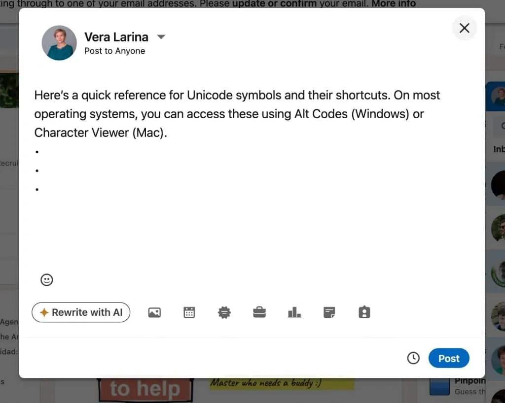 Imagen que muestra cómo utilizar atajos de teclado para insertar viñetas en el editor de publicaciones de LinkedIn.