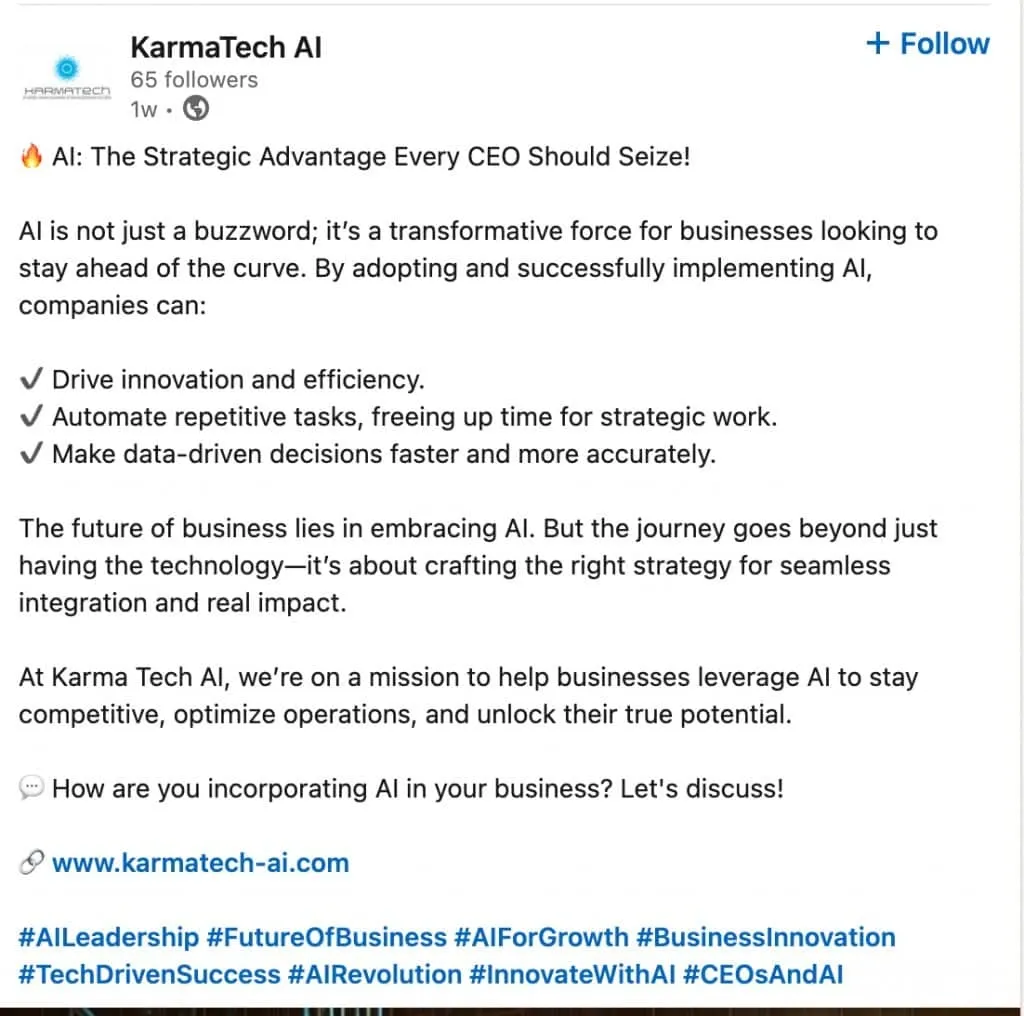 Imagen de una publicación de LinkedIn bien estructurada, con saltos de párrafo y emojis utilizados para los enlaces y el título de la publicación.