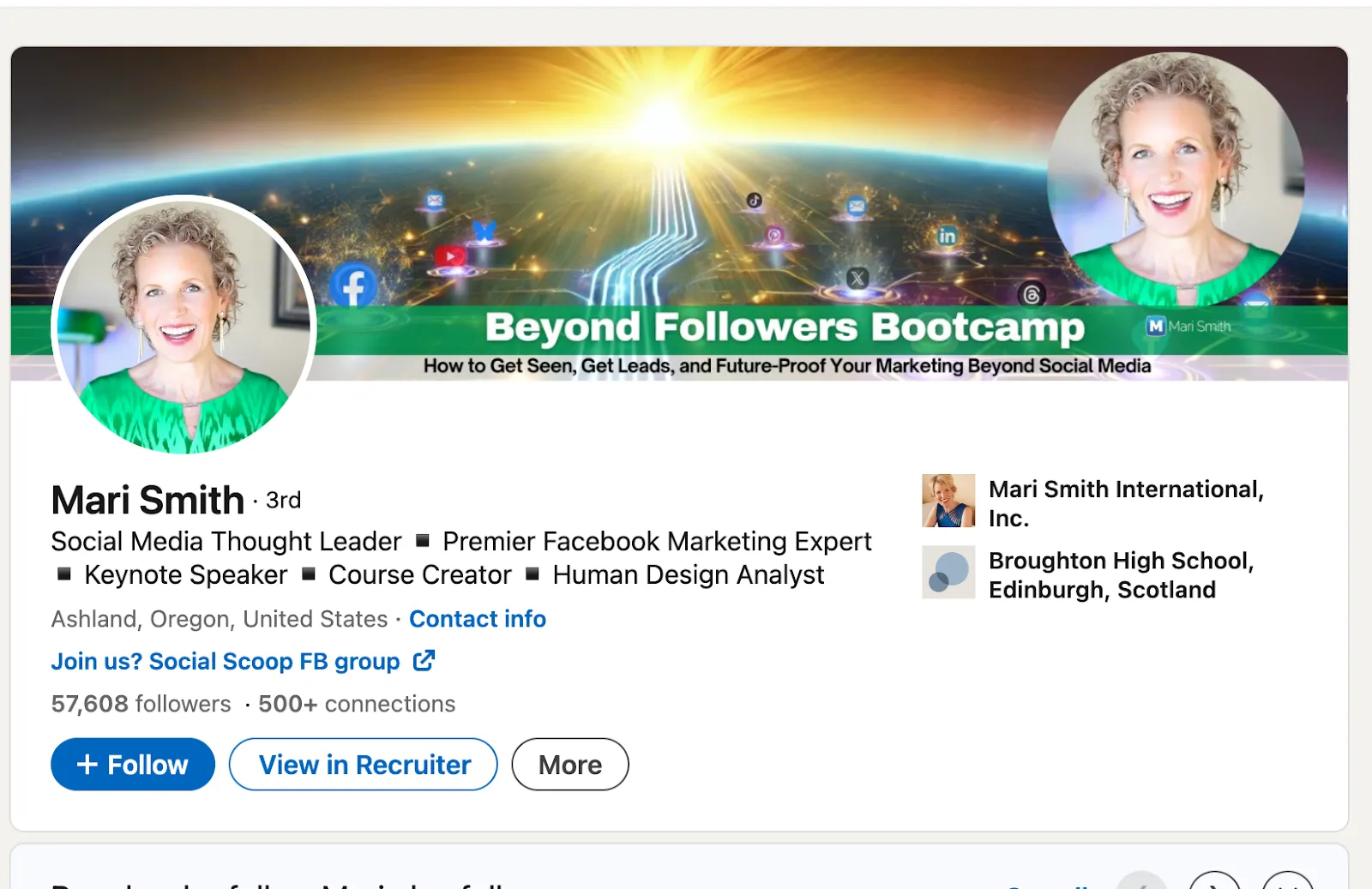 Exemplo do perfil de Mari Smith sobre como conseguir clientes com o LinkedIn