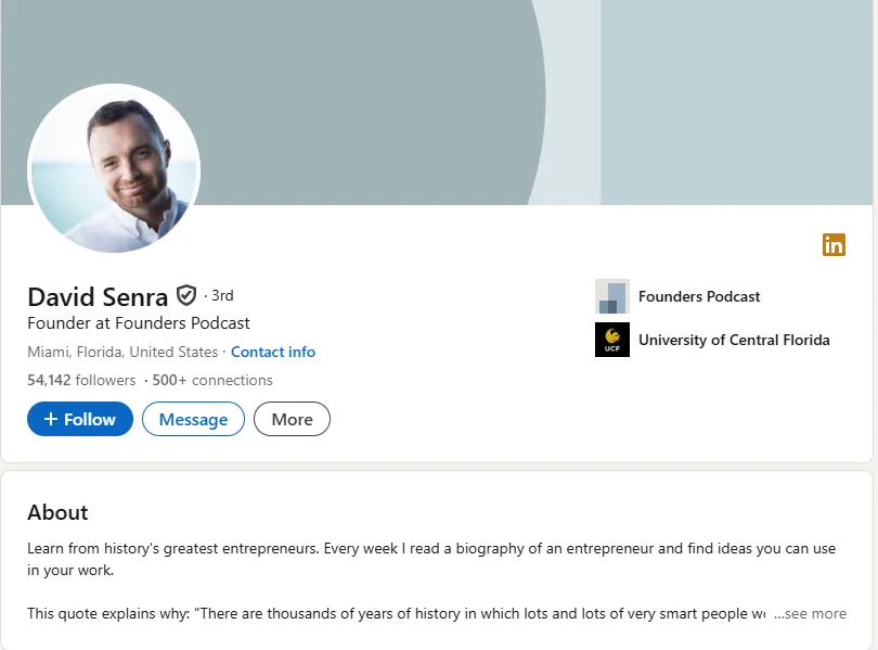Perfil de fundador direcionado no contexto de como encontrar clientes no LinkedIn.